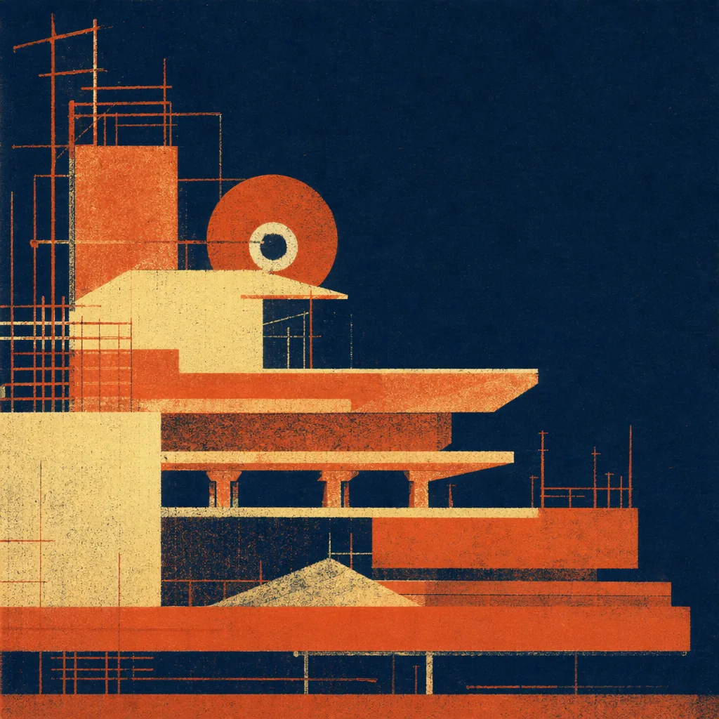 Risograph 双色叠印插图:在深色纸底上以红色叠印出阶梯、网格与圆形,抽象表达模型能力层叠的意象